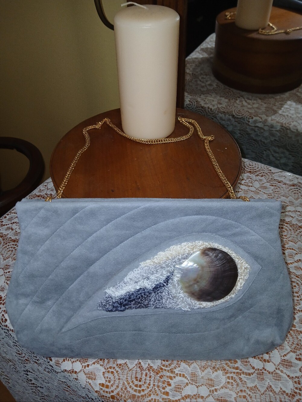 Vintage Quilted Gray Suede Shell Clutch w/ Chain